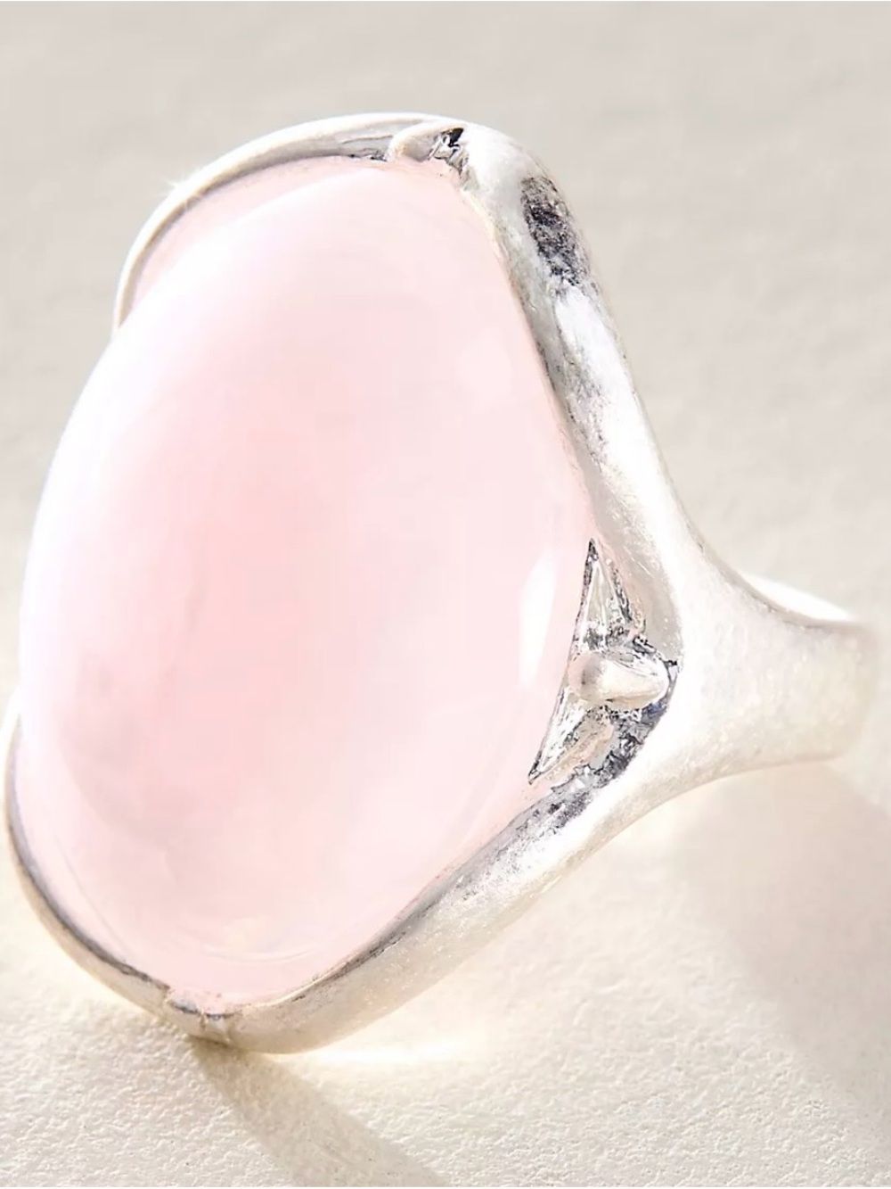 Free People Silver Ring with Soft Pink Rose Quartz Cabochon